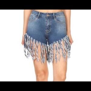 DENIM FRINGED SHORTS-Small
